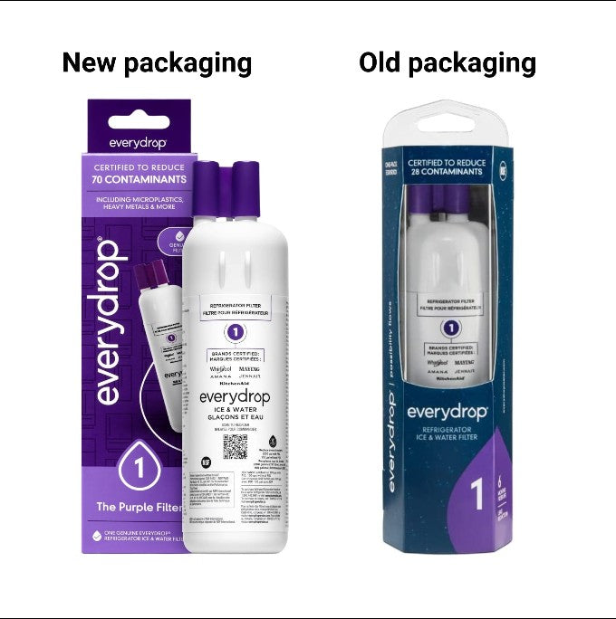 EveryDrop Filter 1 EDR1RXD1 new purple packaging versus old blue packaging comparison