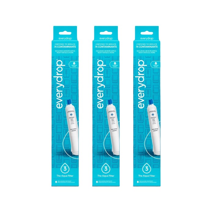 Three EveryDrop Filter 3 EDR3RXD1 refrigerator water filters in blue retail packaging