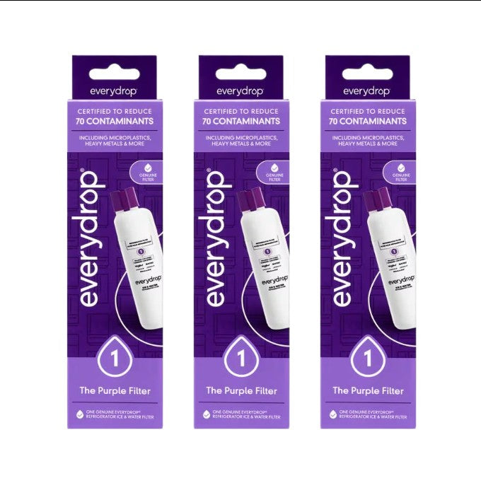 Three EveryDrop Filter 1 EDR1RXD1 refrigerator water filters in purple retail packaging