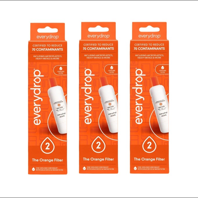 Three EveryDrop Filter 2 EDR2RXD1 refrigerator water filters in orange retail packaging